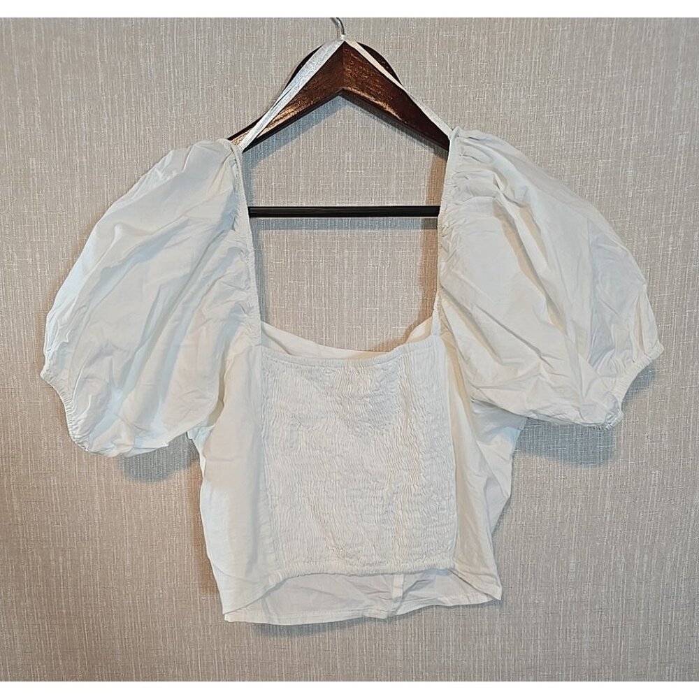 Sim & Sam Crop Top smocked White Ruffle Layered Cotton Short Puff Sleeve Size XL - Picture 2 of 16